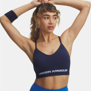 Brassière de sport bleu marine à maintien léger UA Vanish Seamless pour femme 1384417-403 Vue porté de face