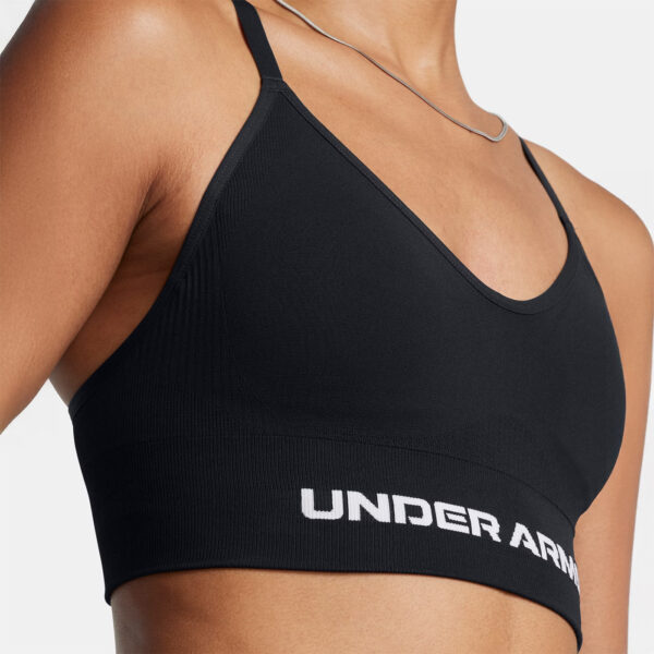 Brassière de sport noire et blanche à maintien léger UA Vanish Seamless pour femme 1384417-001 Detail Face Lateral