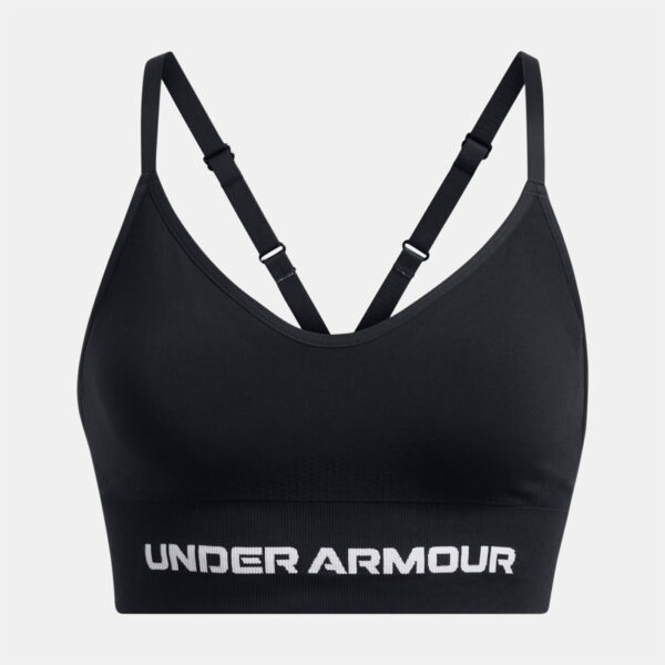 Brassière de sport noire et blanche à maintien léger UA Vanish Seamless pour femme 1384417-001 Face