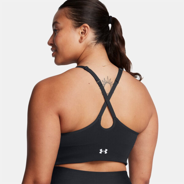 Brassière de sport noire et blanche à maintien léger UA Vanish Seamless pour femme 1384417-001 Vue porté de dos XL