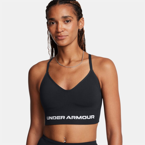 Brassière de sport noire et blanche à maintien léger UA Vanish Seamless pour femme 1384417-001 Vue porté de face