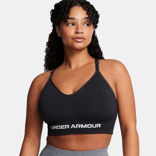 Brassière de sport noire et blanche à maintien léger UA Vanish Seamless pour femme 1384417-001 Vue porté de face L