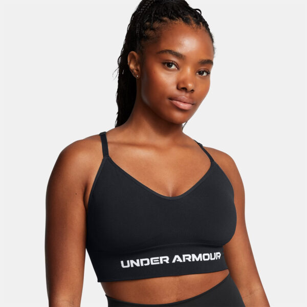 Brassière de sport noire et blanche à maintien léger UA Vanish Seamless pour femme 1384417-001 Vue porté de face M