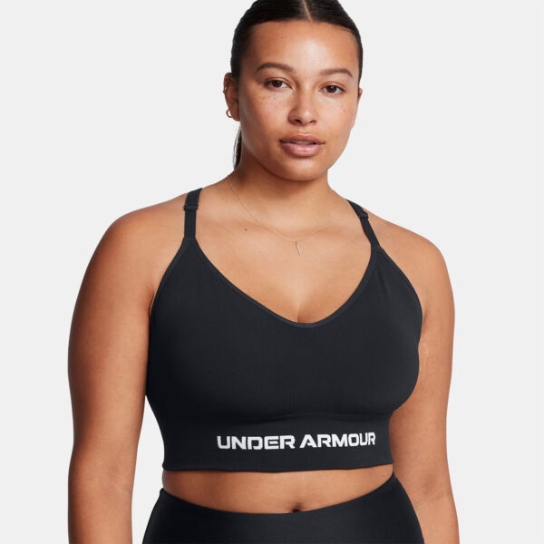 Brassière de sport noire et blanche à maintien léger UA Vanish Seamless pour femme 1384417-001 Vue porté de face XL