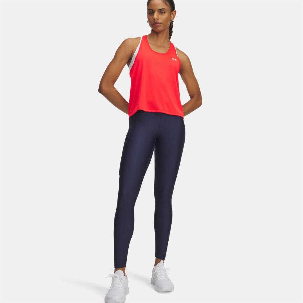Tenue complête de sport pour femme Under Armour : legging UA Tech pour femme Under Armour Bleu marine, Débardeur Race Red et brassière blanche