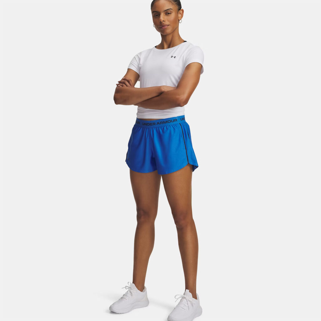 Vêtements de sport pour femme : Short UA Tech™ Play Up pour femme Under Armour Bleu et t-shirt blanc