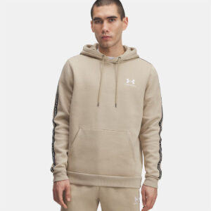 Sweat à capuche à bandes griffées UA Icon Fleece pour homme Beige 1389356-299 Vue porté de face