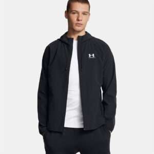 Veste coupe-vent UA Stretch Woven pour homme Under Armour Noire 6003001-001 Vue porté de face