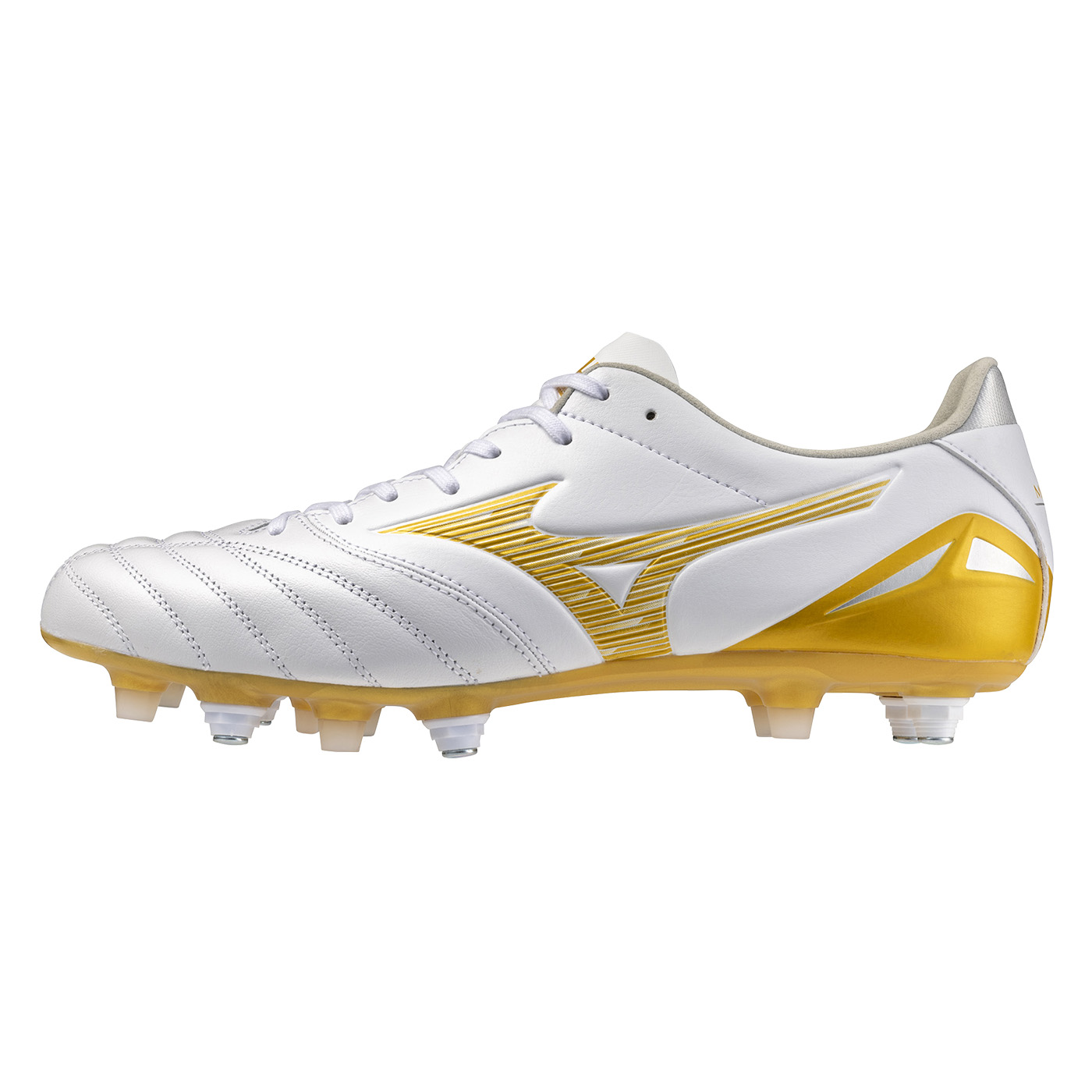 Crampons Mizuno Morelia Neo IV Pro Mix FG Blanc et doré P1GC263450 Lateral