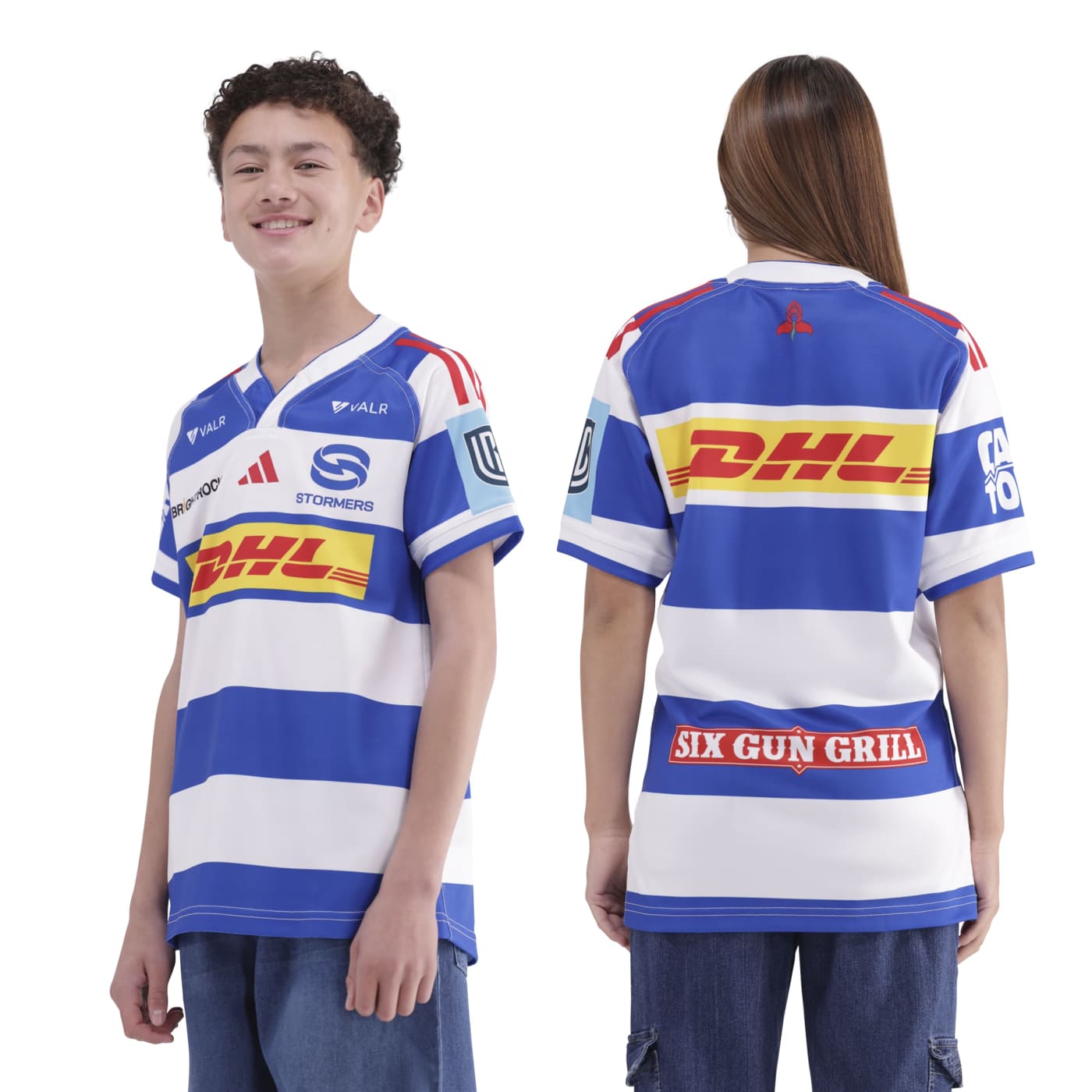 Maillot Domicile Stormers URC pour enfant Adidas Bleu et blanc KK8340 Vue porté face et dos
