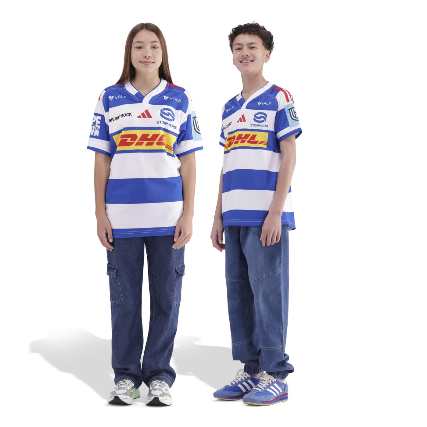 Maillot Domicile Stormers URC pour enfant Adidas Bleu et blanc KK8340 Vue porté face et face lateral