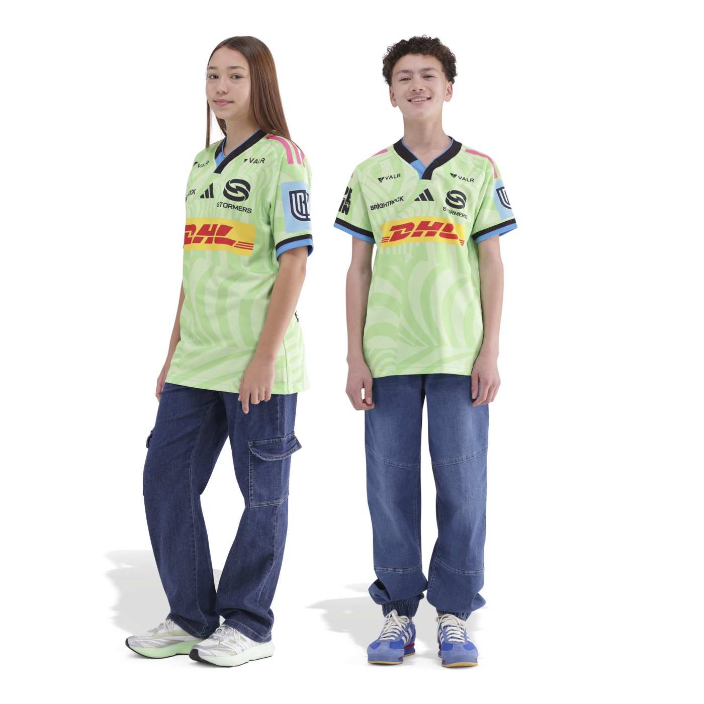 Maillot Extérieur Stormers URC pour enfant Adidas Vert citron KK8341 Vue porté de face et face lateral