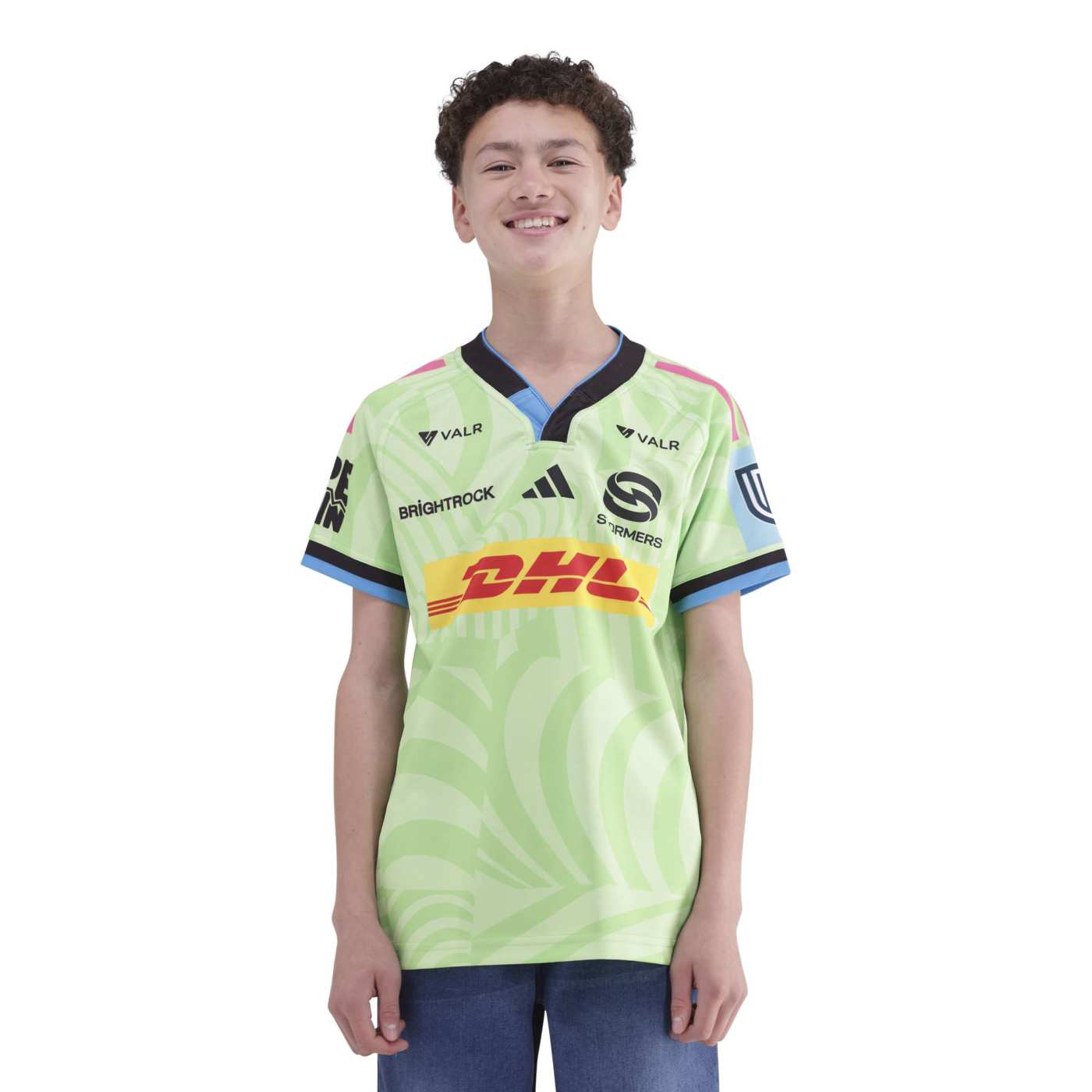 Maillot Extérieur Stormers URC pour enfant Adidas Vert citron KK8341 Vue porté de face