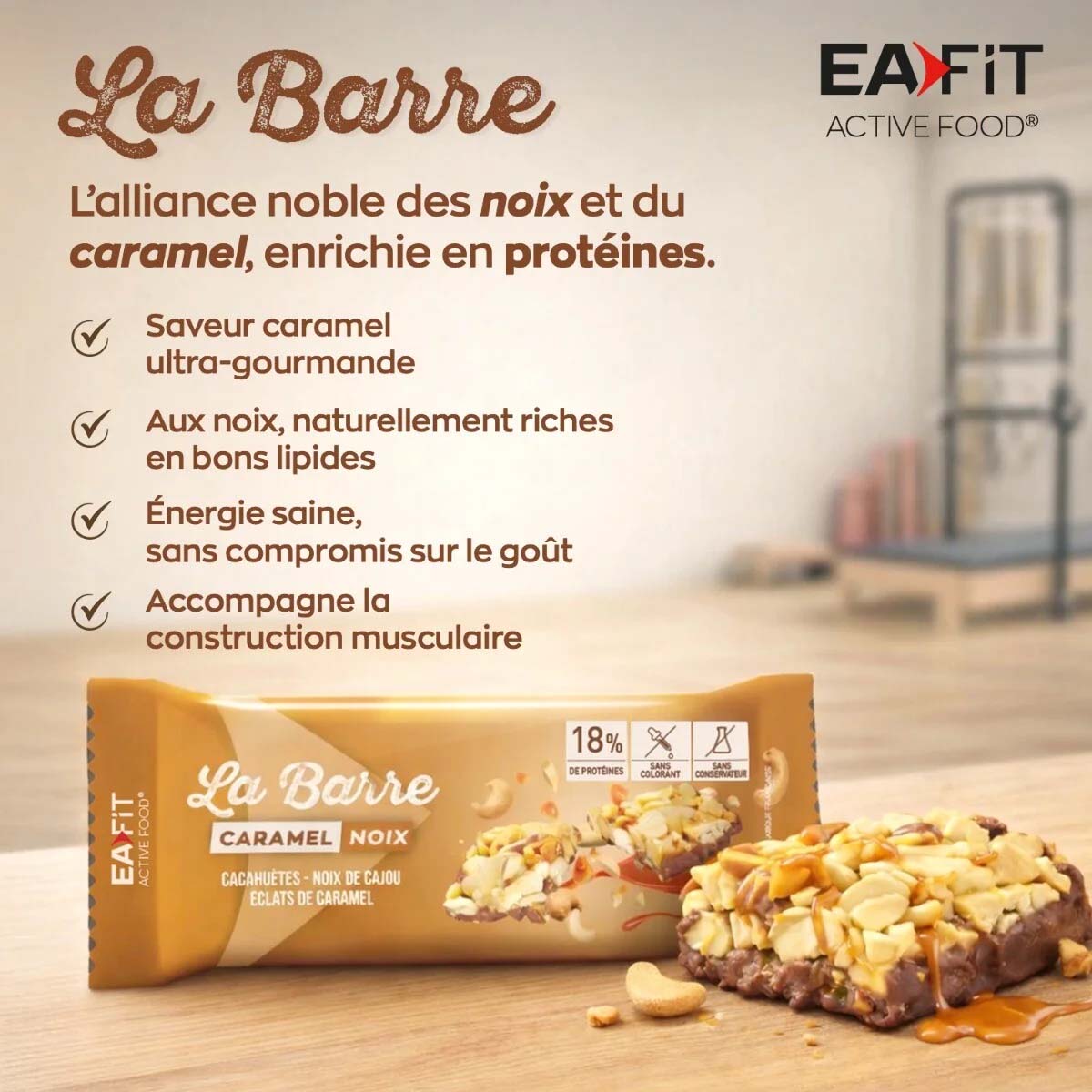 Barre Protéinée Noix de cajou, cacahuètes et caramel EAFit Bénèfices