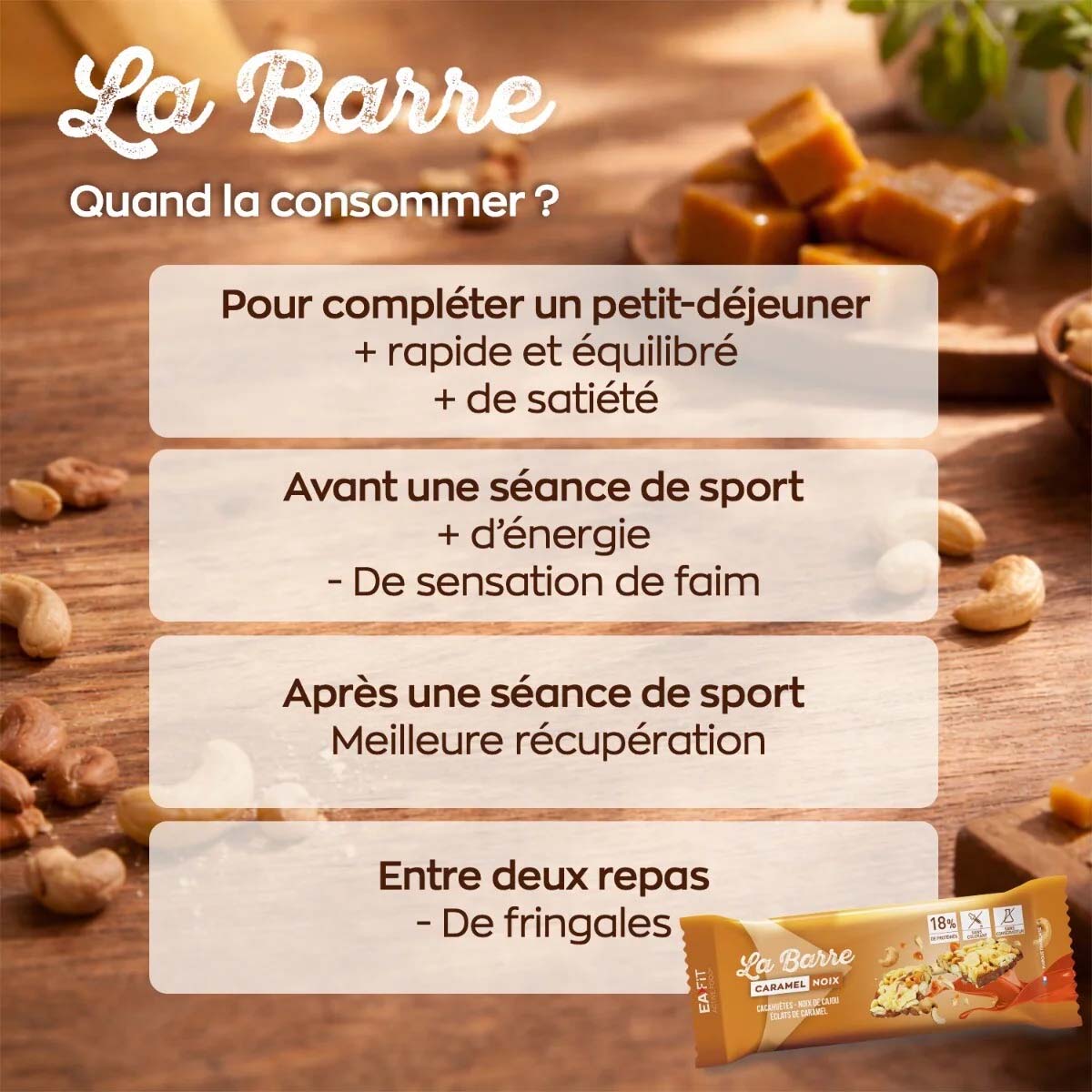 Barre Protéinée Noix de cajou, cacahuètes et caramel EAFit Infos de consommation
