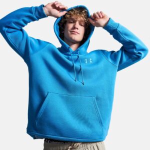 Sweat à capuche UA Icon Fleece Bleu Hoodie pour Homme 1373880-430 Vue porté de face