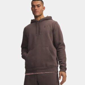 Sweat à capuche UA Icon Fleece Taupe Hoodie pour Homme 1373880-201 Vue porté de face