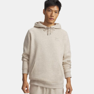 Sweat à capuche UA Icon Fleece Taupe clair chiné Hoodie pour Homme 1373880-203 Vue porté de face