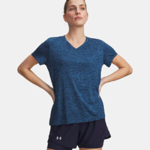 T-shirt UA Tech™ Twist pour femme Under Armour Bleu et bleu marine 1384227-430 Vue porté de face