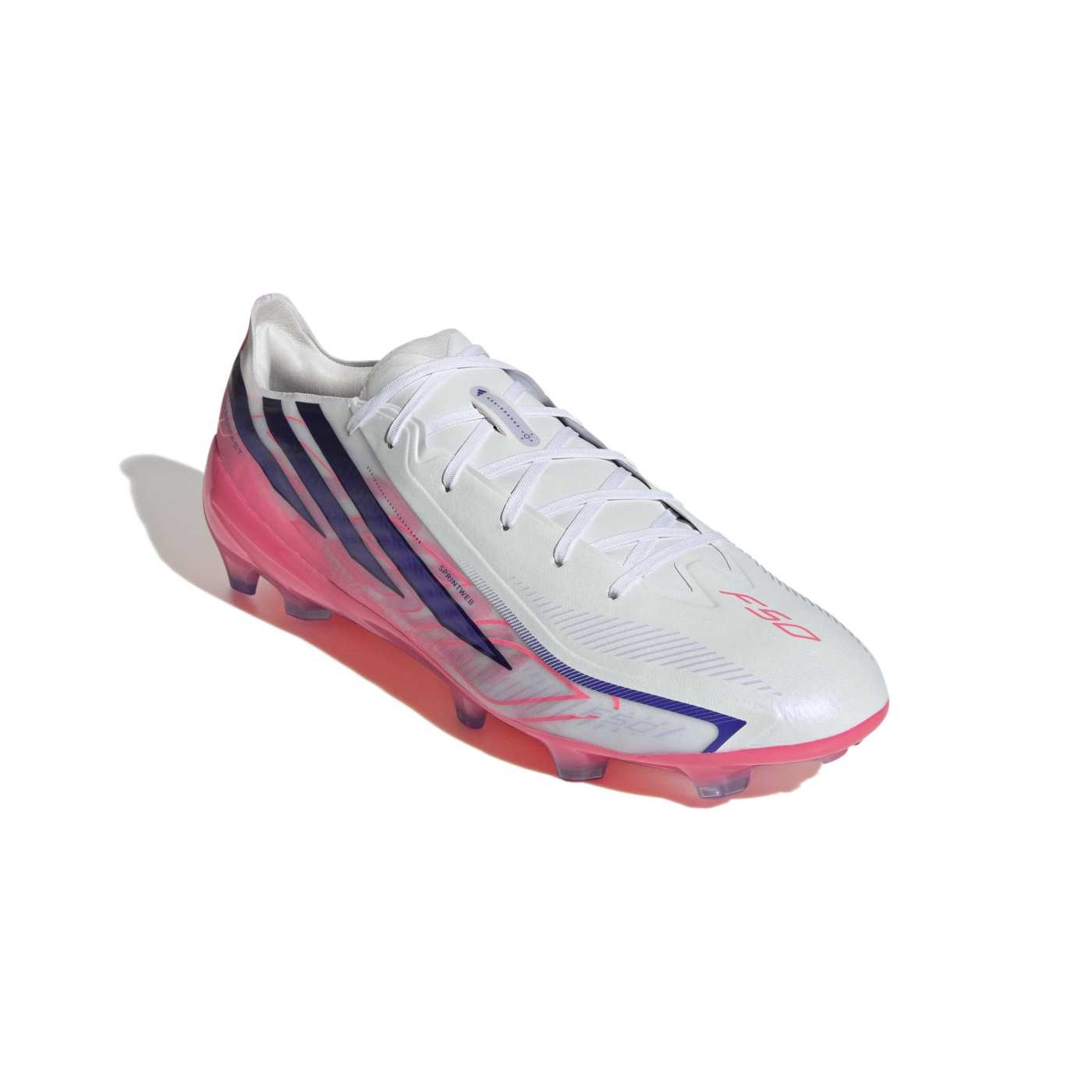 Crampons Adidas F50 Hyperfast Pro FG Blanc et rose KJ3438 Front Lateral Top