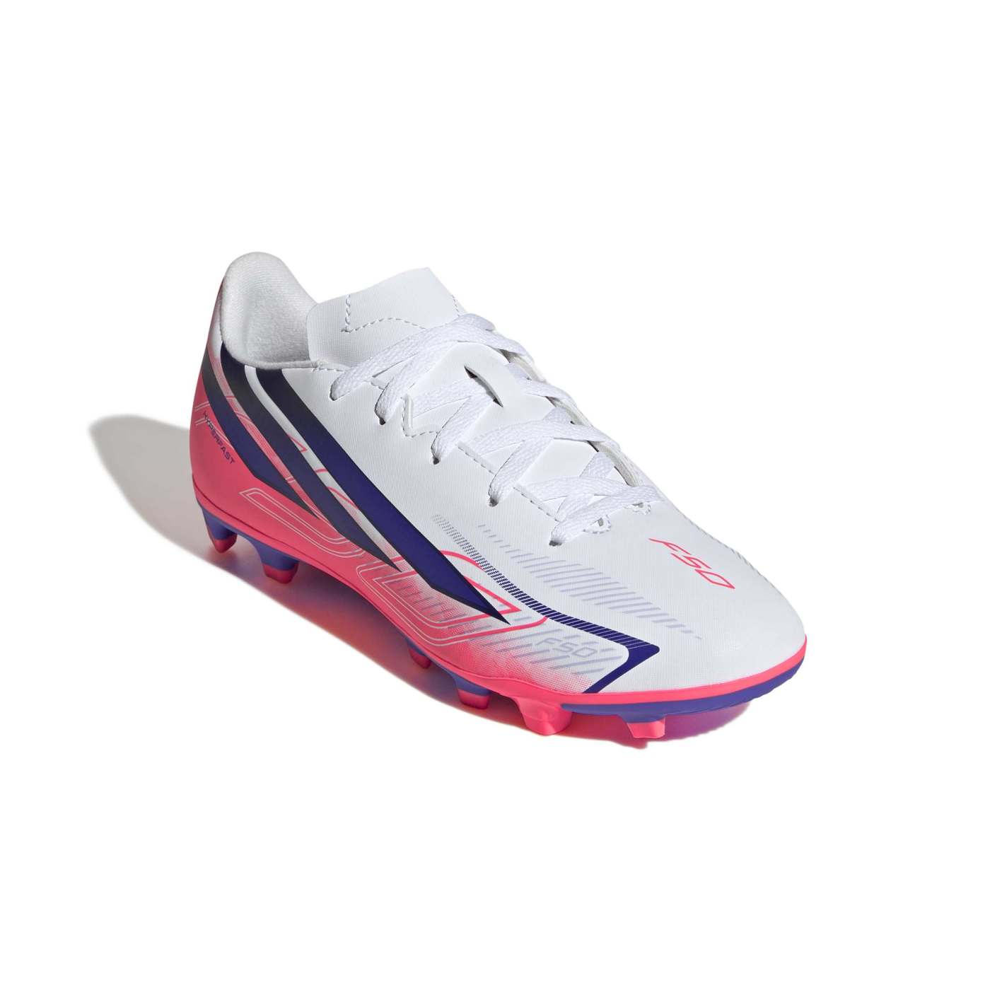 Crampons Junior Adidas F50 Hyperfast Club FG:MG Blanc et rose KK1308 Front Lateral Top