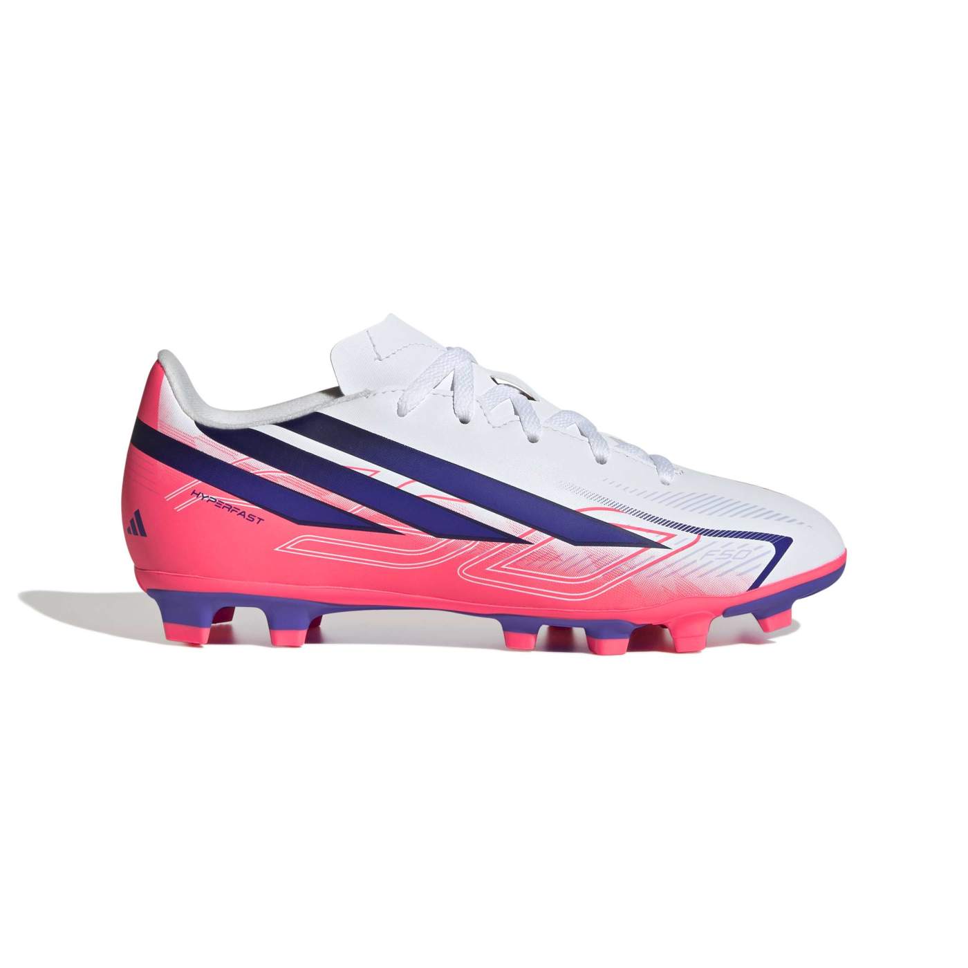 Crampons Junior Adidas F50 Hyperfast Club FG:MG Blanc et rose KK1308 Lateral