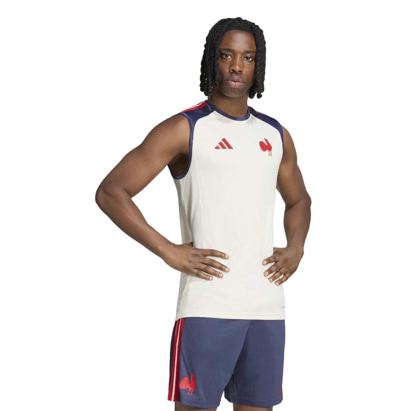 Débardeur de rugby FFR Adidas Blanc crème et bleu marine KF8877 Vue porté de face