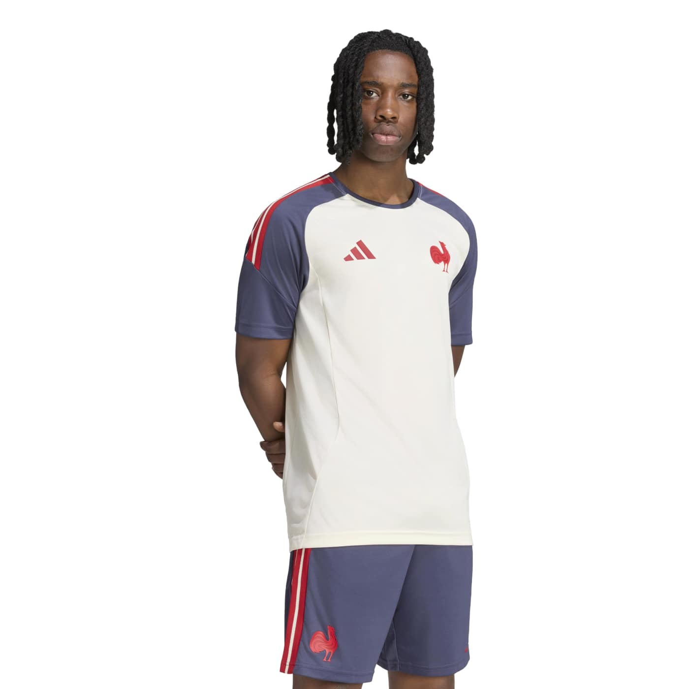 T-shirt Adidas Performance France Rugby Beige et bleu ombre KF8876 Vue porté de face