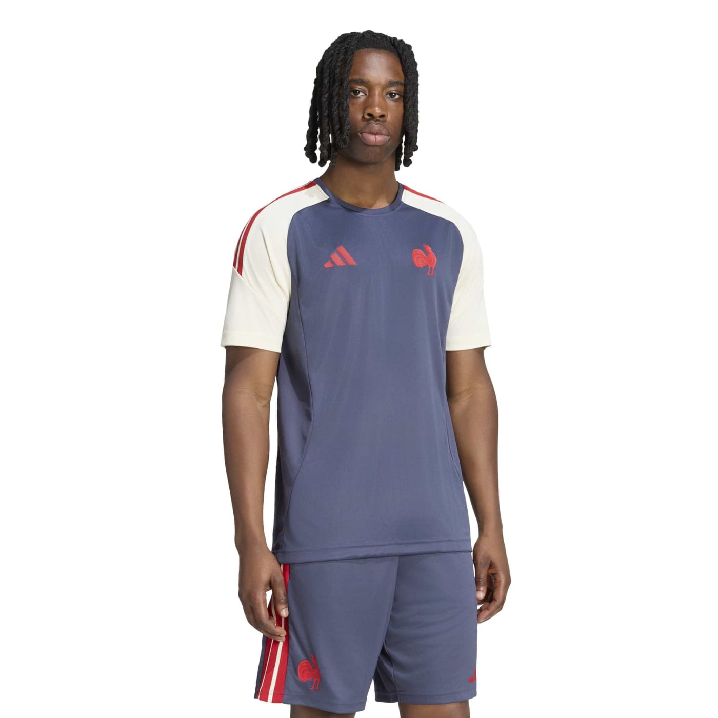 T-shirt Adidas Performance France Rugby Bleu ombre et beige KF8875 Vue porté de face