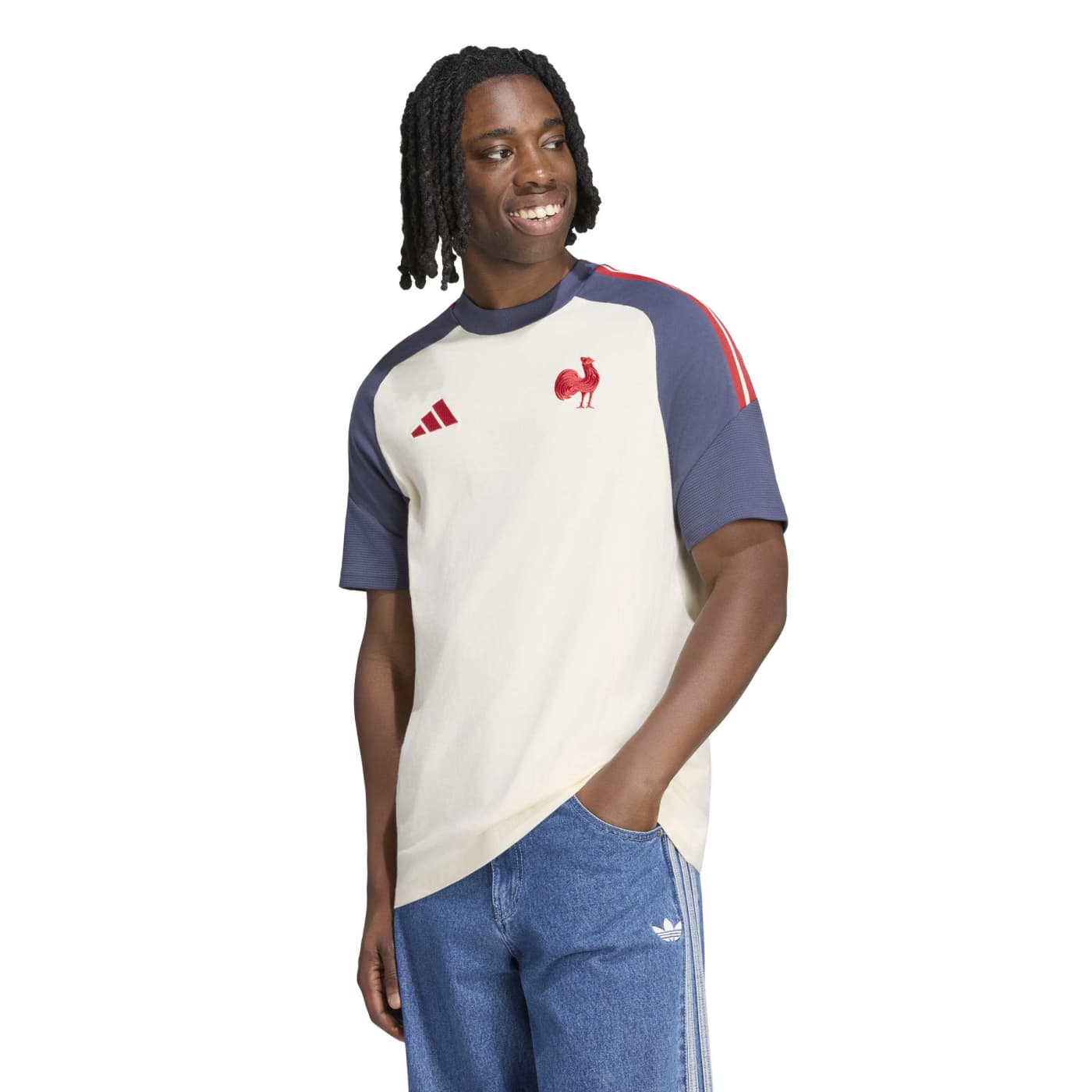 T-shirt en coton Équipe de France Rugby Beige et bleu ombre KF8904 Vue porté de face