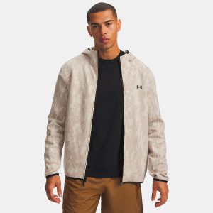 Veste zippée UA Unstoppable Fleece Beige 6013431-111 Vue porté de face