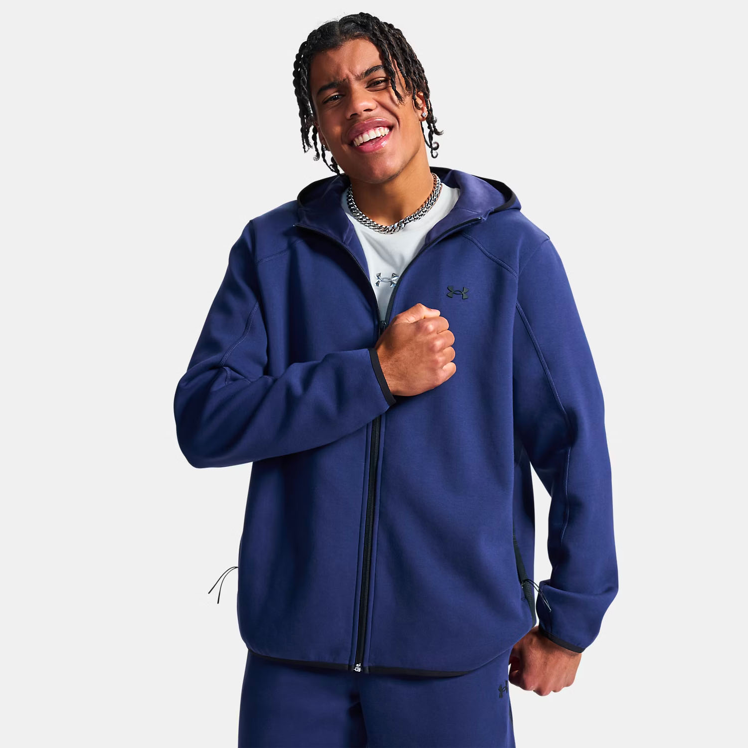 Veste zippée UA Unstoppable Fleece Bleu marine nuit 6013431-410 Vue porté de face 2