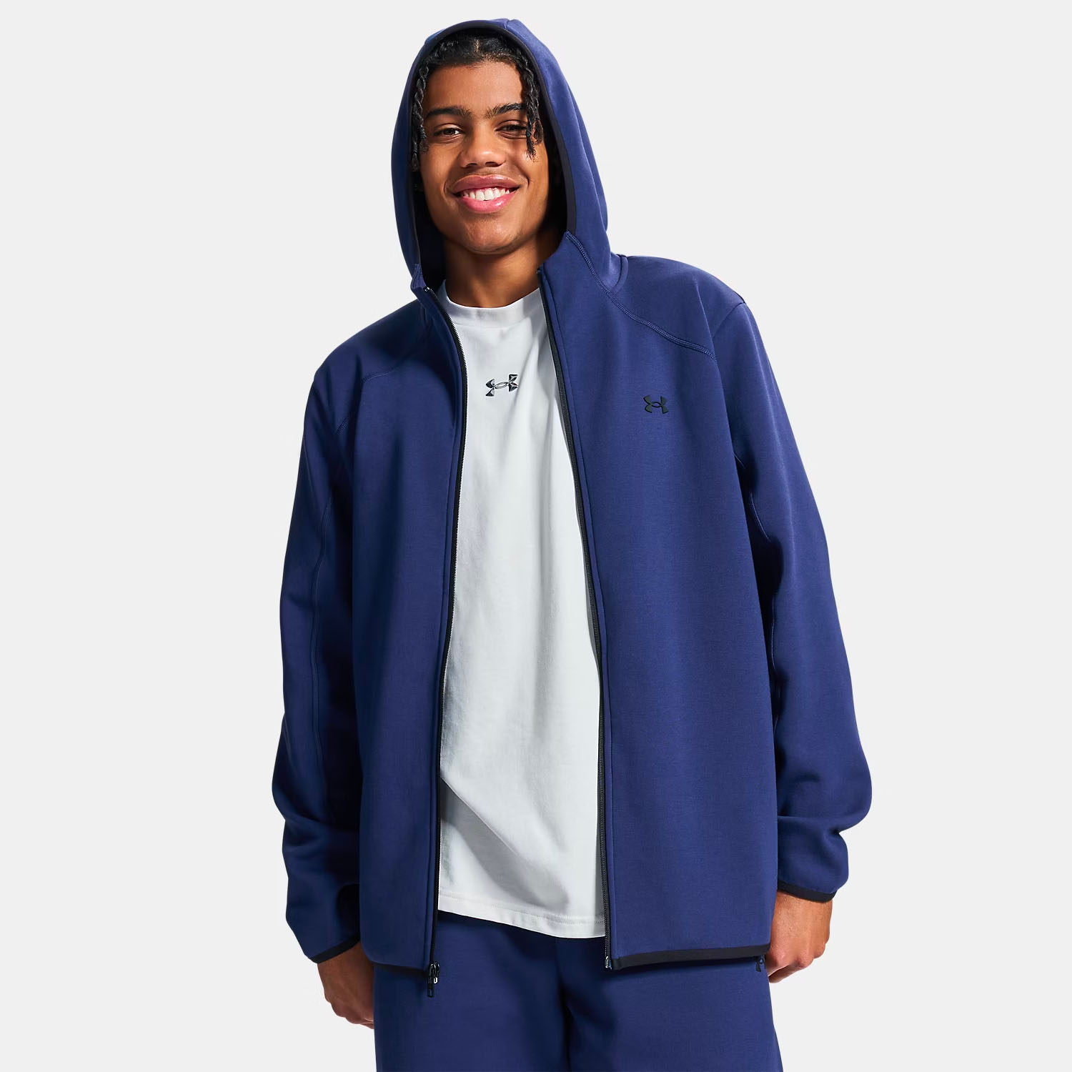 Veste zippée UA Unstoppable Fleece Bleu marine nuit 6013431-410 Vue porté de face