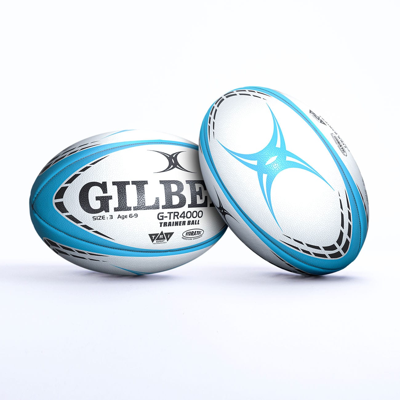 Ballon de rugby d'entrainement G-TR4000 Gilbert Bleu ciel - Taille 3 Face et dos