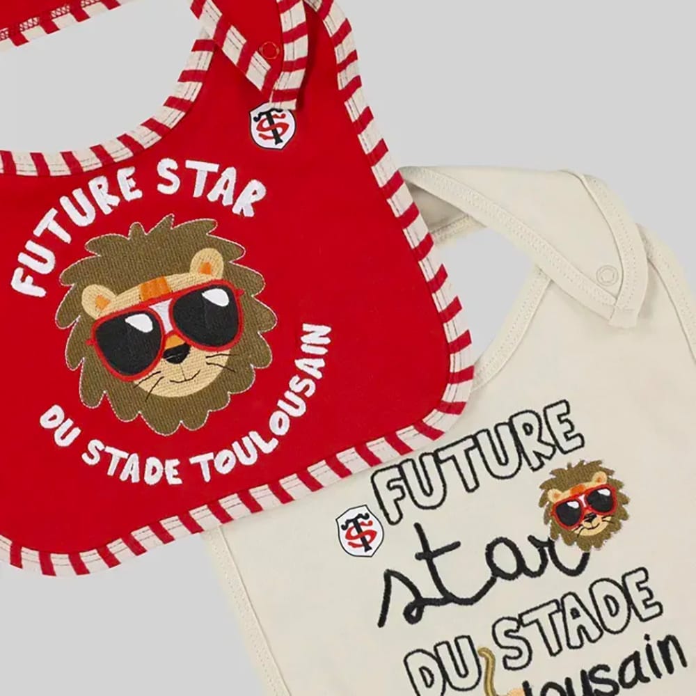 Lot de 2 Bavoirs pour bébé Future Star Stade Toulousain Rugby Rouge et beige Detail