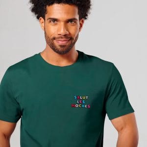 T-shirt Brodé « Salut les moches » pour Homme Vert Vue porté de face