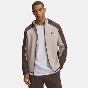 Veste zippée UA Unstoppable Fleece Sable : Taupe 6013431-200 Vue porté de face