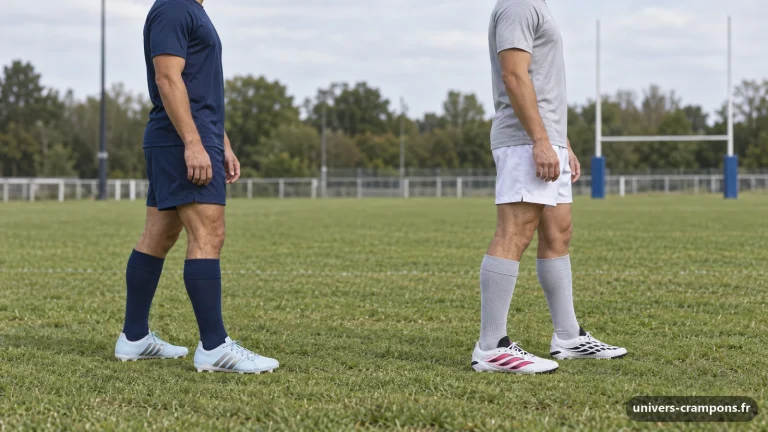 Deux joueurs de profil au bord d'un terrain de club, l'un chaussé de crampons Adidas RS15 Avaglide Rise SG Bleu ciel, l'autre de crampons Adidas Predator League FG Blanc, noir et rose