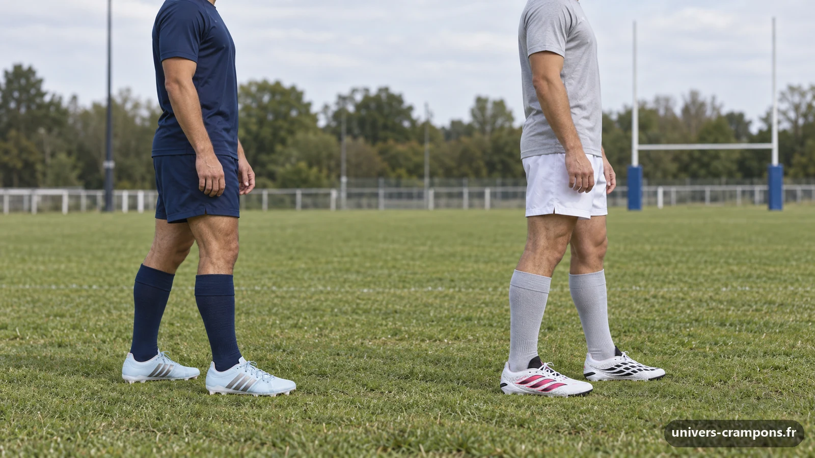 Deux joueurs de profil au bord d'un terrain de club, l'un chaussé de crampons Adidas RS15 Avaglide Rise SG Bleu ciel, l'autre de crampons Adidas Predator League FG Blanc, noir et rose