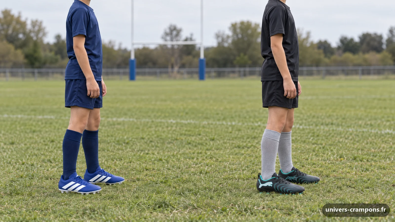 Deux enfants de profil sur la pelouse d'une école de rugby, l'un chaussé de crampons Junior SG Bleu roi et blanc, l'autre de crampons Puma Junior Future 9 Play FG/AG Noir