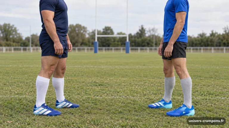 Deux joueurs face à face au bord d'un terrain de rugby, l'un chaussé de crampons Adidas Kakari RS SG Bleu, l'autre de crampons Adidas Adizero RS15 Pro FG Bleu roi et bleu ciel