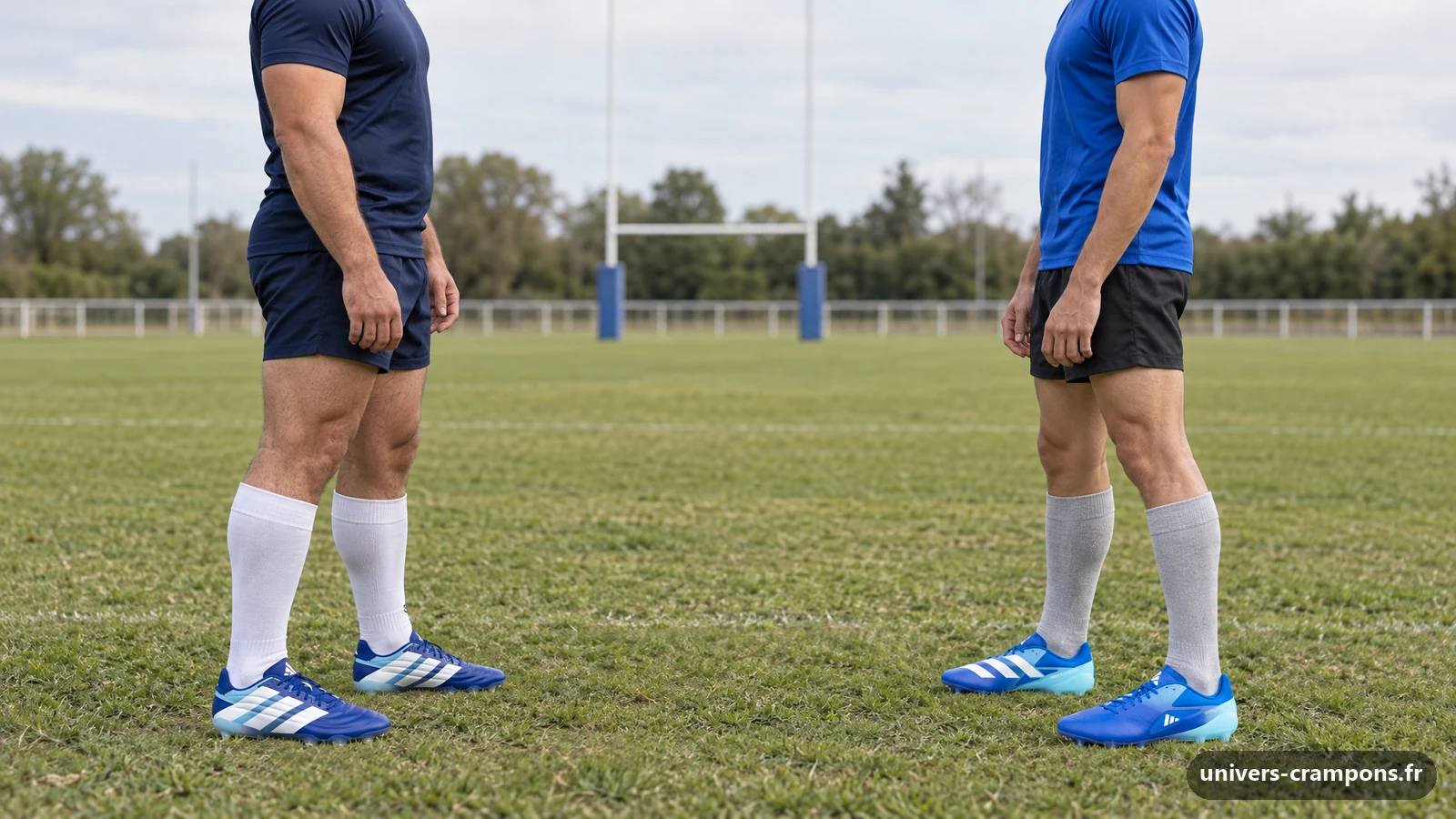 Deux joueurs face à face au bord d'un terrain de rugby, l'un chaussé de crampons Adidas Kakari RS SG Bleu, l'autre de crampons Adidas Adizero RS15 Pro FG Bleu roi et bleu ciel