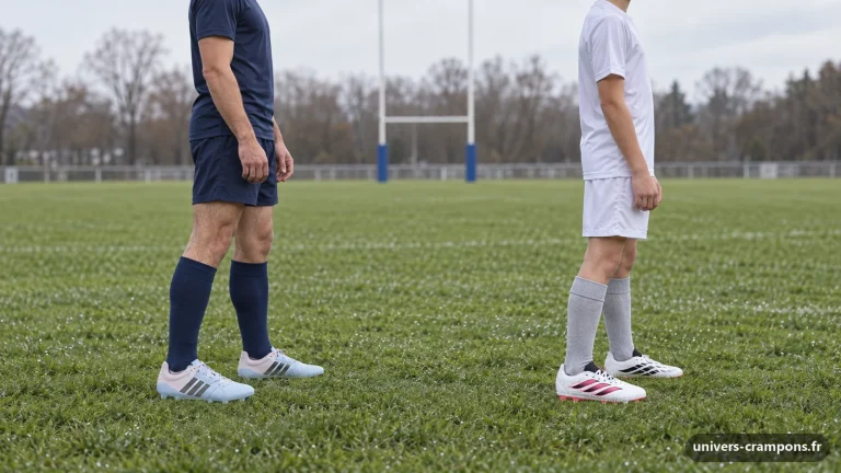 Un joueur et un enfant de profil sur une pelouse humide après la pluie, l'un chaussé de crampons Adidas RS15 Avaglide SG Bleu ciel et gris, l'autre de crampons Junior Adidas Predator Club FG/MG