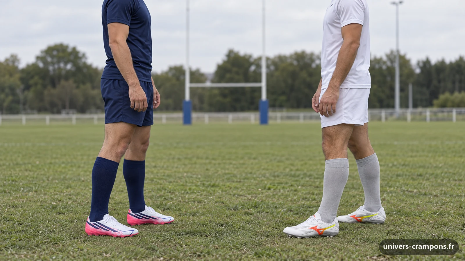 Deux joueurs face à face au bord d'un terrain à la fin d'un entraînement, l'un chaussé de crampons Adidas F50 Hyperfast League FG Blanc et rose, l'autre de crampons Mizuno Waitangi Pro Blanc, gris et orange
