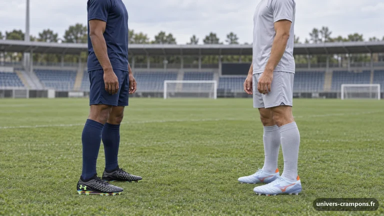 Deux joueurs face à face sur la pelouse d'un stade, l'un chaussé de crampons UA Magnetico Elite 6 RCS FG Noir, l'autre de crampons Mizuno Morelia Neo V Beta Elite SI