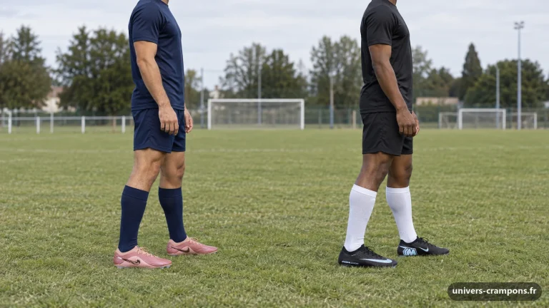 Deux joueurs de profil sur un terrain de club, l'un chaussé de crampons Nike Tiempo Maestro Elite FG Rose gold et bronze en édition limitée, l'autre de crampons Nike Air Zoom Mercurial Vapor 16 Elite FG Shadow Noir et bleu ciel