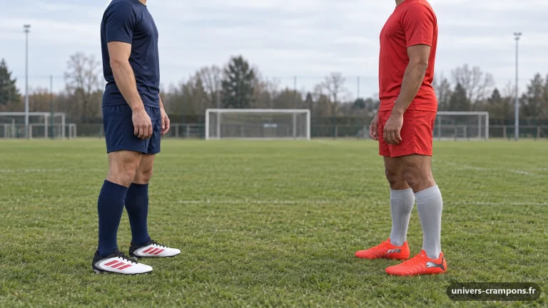 Deux joueurs face à face sur la pelouse d'un terrain de club, l'un chaussé de crampons Adidas Copa Pure III Pro FG Blanc et noir, l'autre de crampons Puma Future 9 Play MxSG Rouge vif