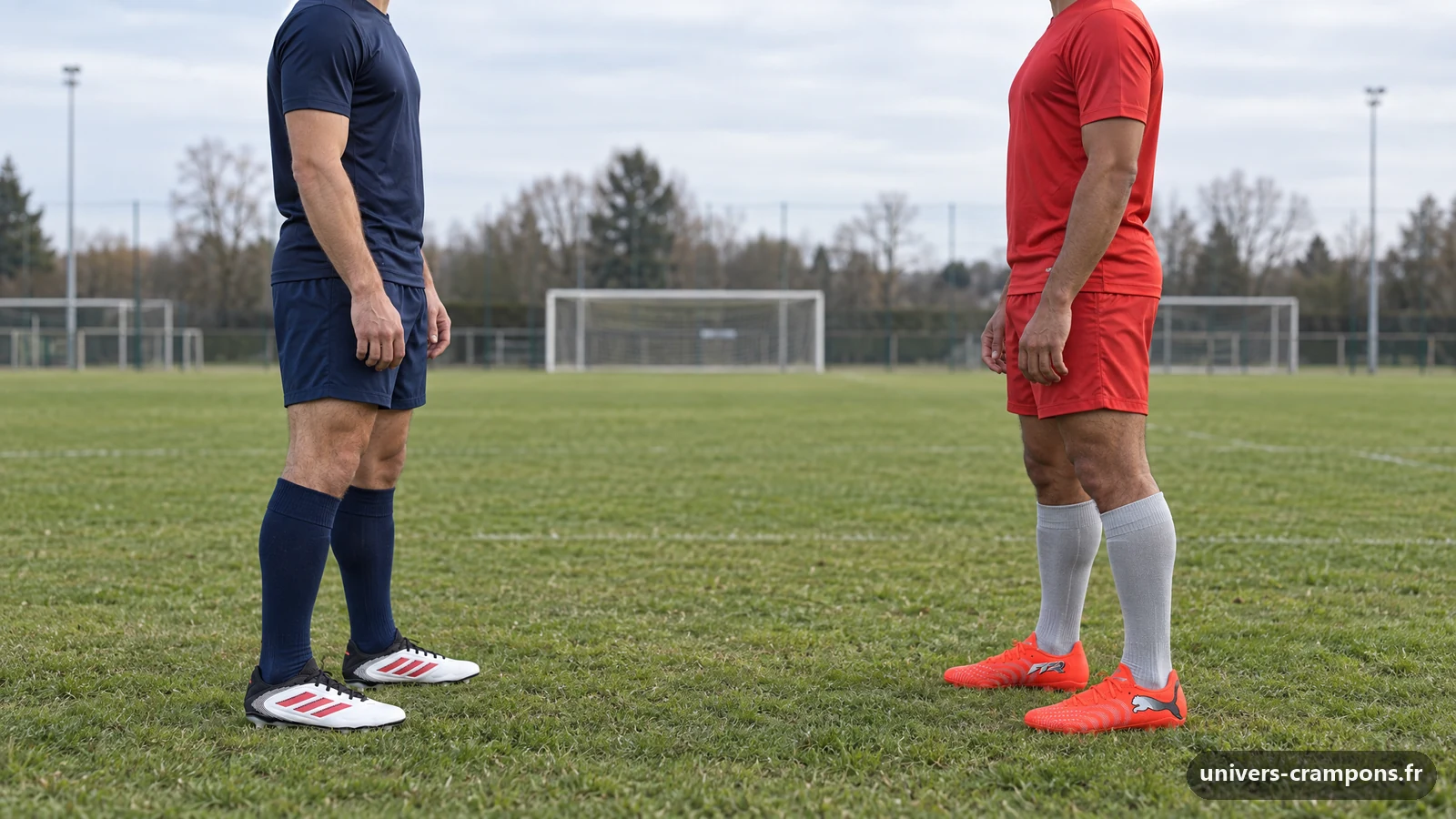 Deux joueurs face à face sur la pelouse d'un terrain de club, l'un chaussé de crampons Adidas Copa Pure III Pro FG Blanc et noir, l'autre de crampons Puma Future 9 Play MxSG Rouge vif