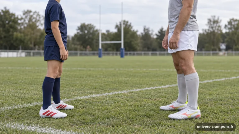 Un joueur et un enfant face à face le long de la ligne de touche avant un match, l'un chaussé de crampons Junior SG AD9, Inspiration Antoine Dupont, l'autre de crampons Mizuno Morelia Neo V B Pro