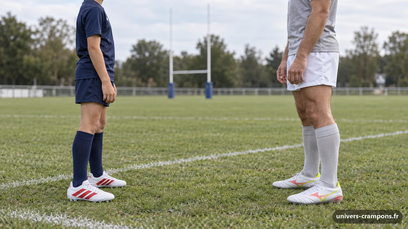 Un joueur et un enfant face à face le long de la ligne de touche avant un match, l'un chaussé de crampons Junior SG AD9, Inspiration Antoine Dupont, l'autre de crampons Mizuno Morelia Neo V B Pro